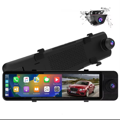 Car dashboard camera with touchscreen display on a white background